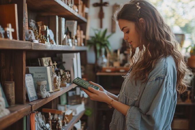 A woman browsing Christian gifts.