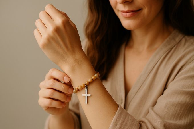 A woman putting on a Christian jewelry bracelet.