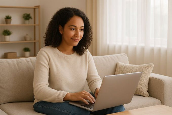 A woman using a laptop to buy Christian gifts online.