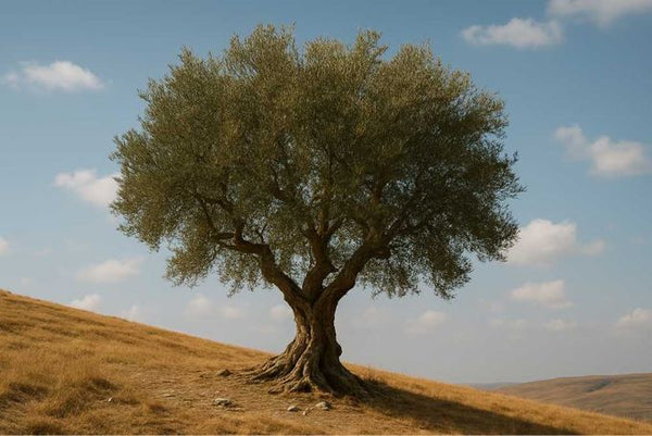 An olive wood tree on a hill, from which gifts are made.
