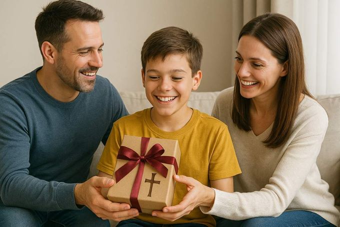 Parents giving an Easter gift to their kid.