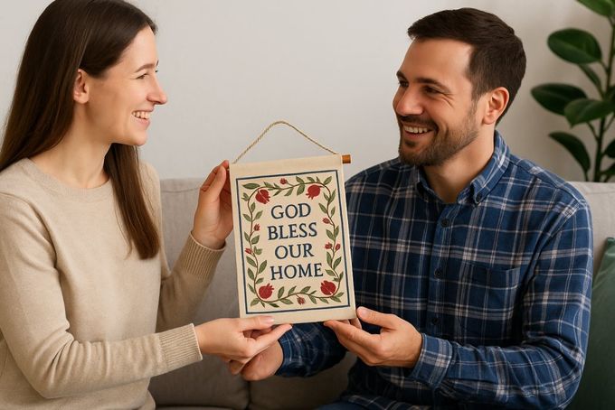 A woman giving a Christian gift to a man.