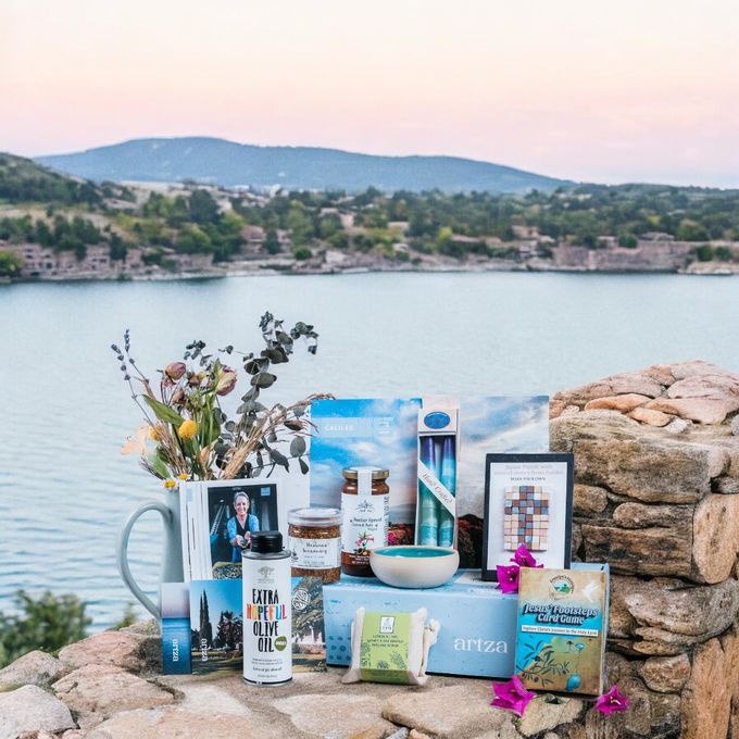 Holy Land gift box in front of the Sea of Galilee