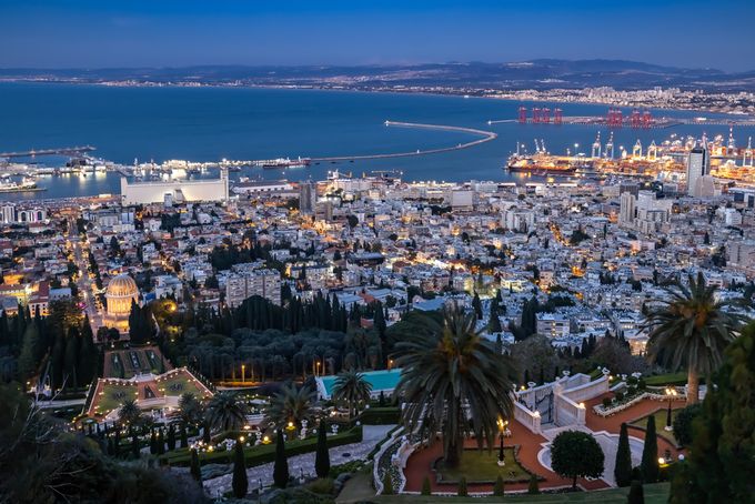 A view of Haifa Bay at sunset overlooking a large area