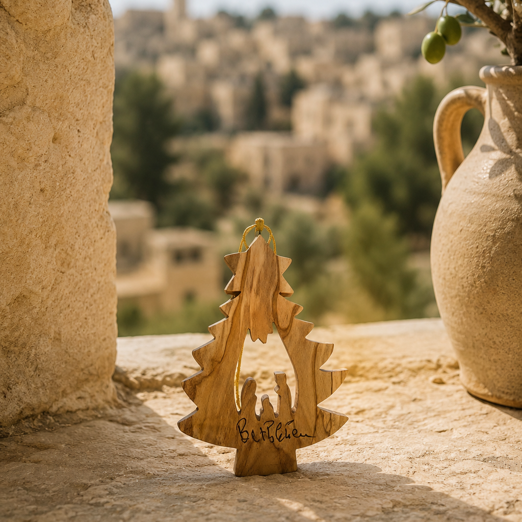 Olivewood Christmas Tree Nativity Ornament